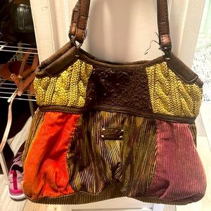 Lucky Brand Corduroy and Leather Purse Shoulder Bag 14" x 12" Patchwork Design
